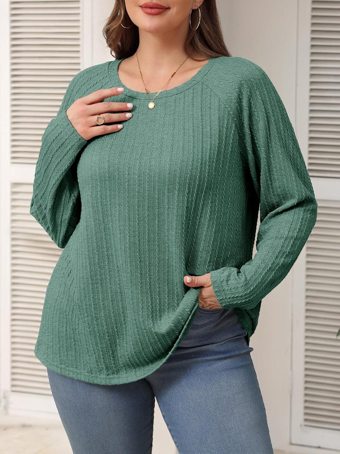 imageImily Bela Womens Plus Size Tops Casual Long Sleeve Textured Crewneck Shirts Fall Loose Tunic TopDark Green
