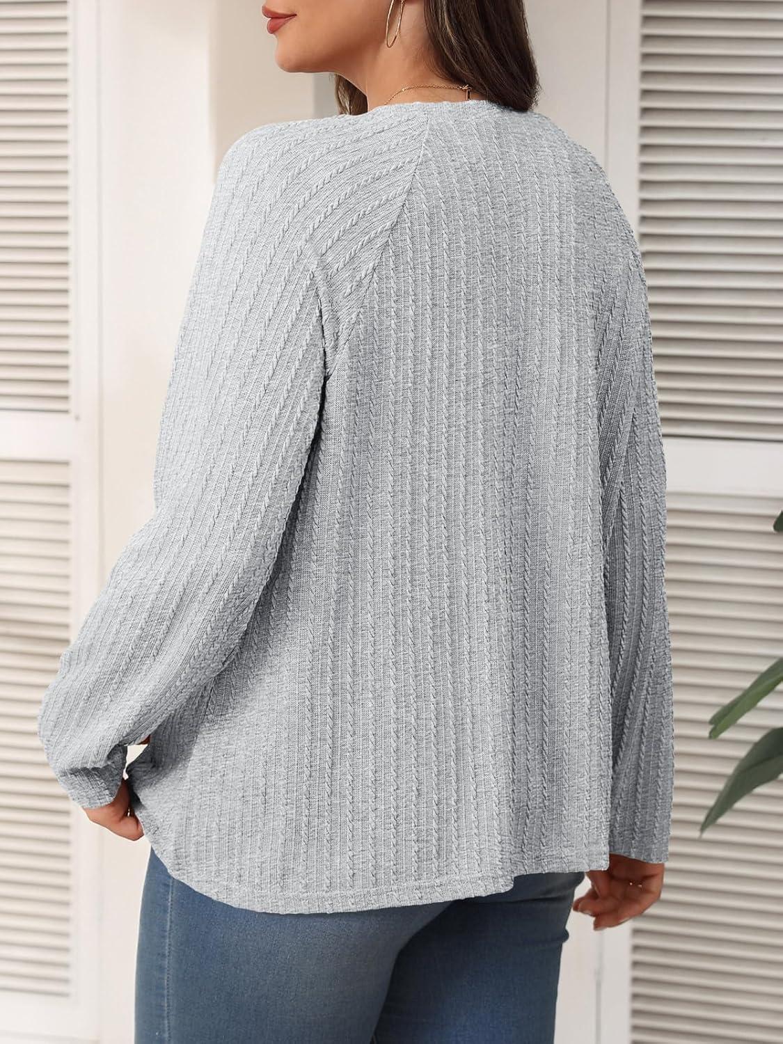 imageImily Bela Womens Plus Size Tops Casual Long Sleeve Textured Crewneck Shirts Fall Loose Tunic TopGrey