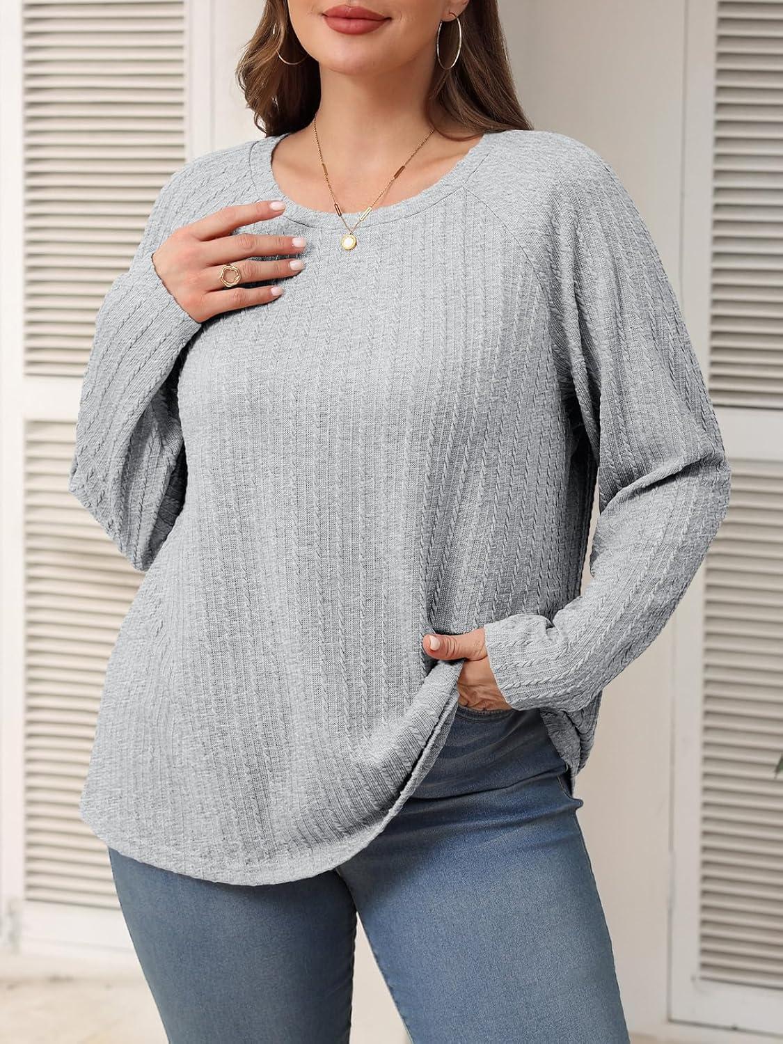 imageImily Bela Womens Plus Size Tops Casual Long Sleeve Textured Crewneck Shirts Fall Loose Tunic TopGrey