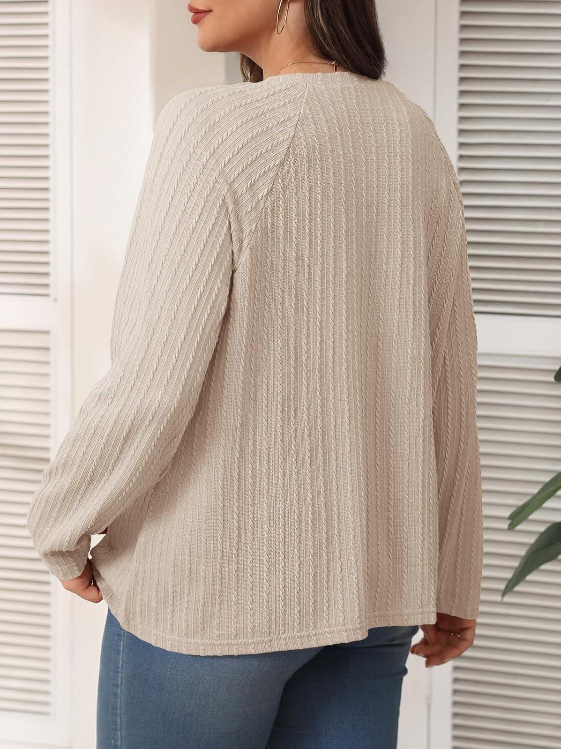 imageImily Bela Womens Plus Size Tops Casual Long Sleeve Textured Crewneck Shirts Fall Loose Tunic TopLight Khaki