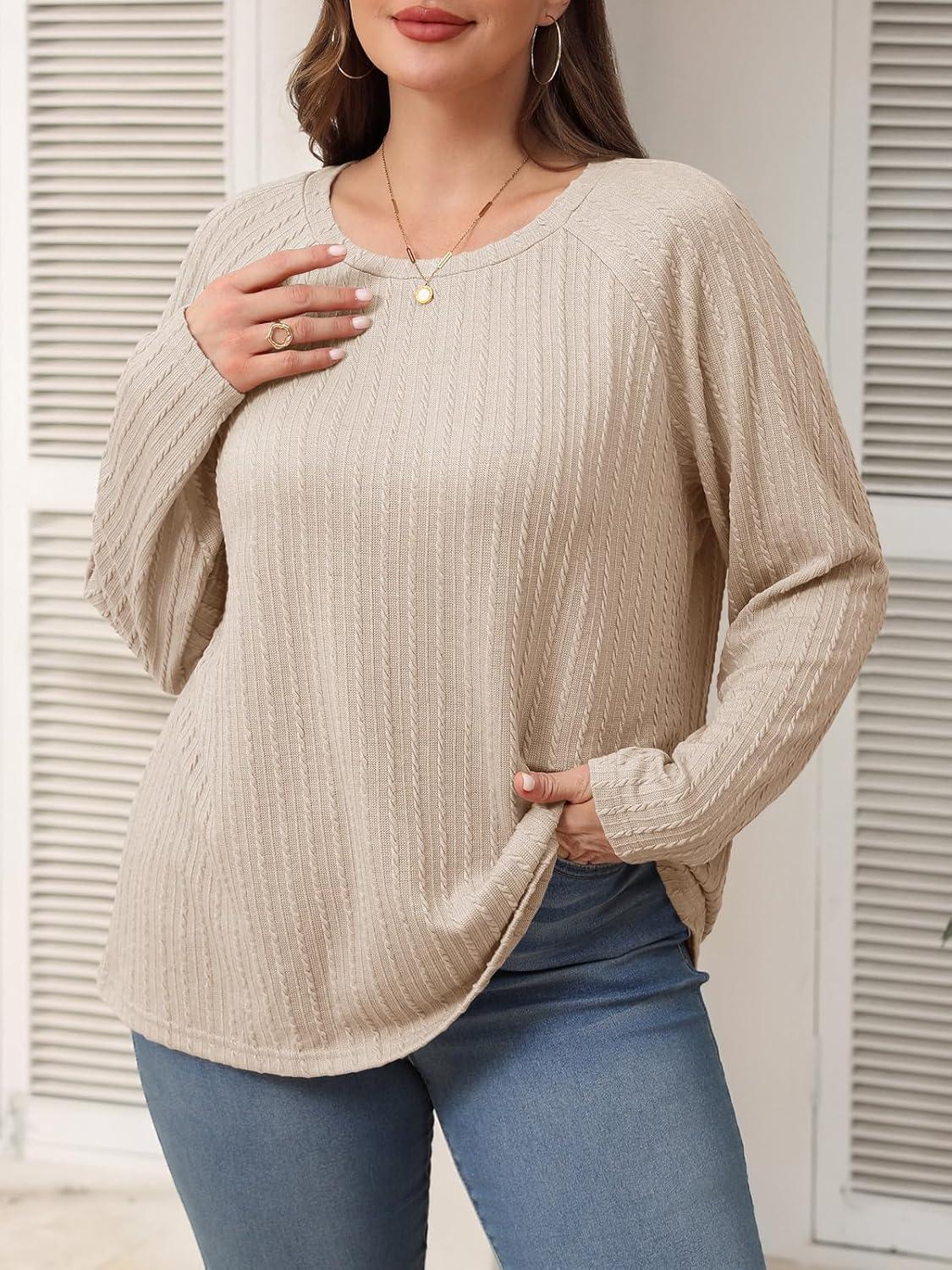 imageImily Bela Womens Plus Size Tops Casual Long Sleeve Textured Crewneck Shirts Fall Loose Tunic TopLight Khaki