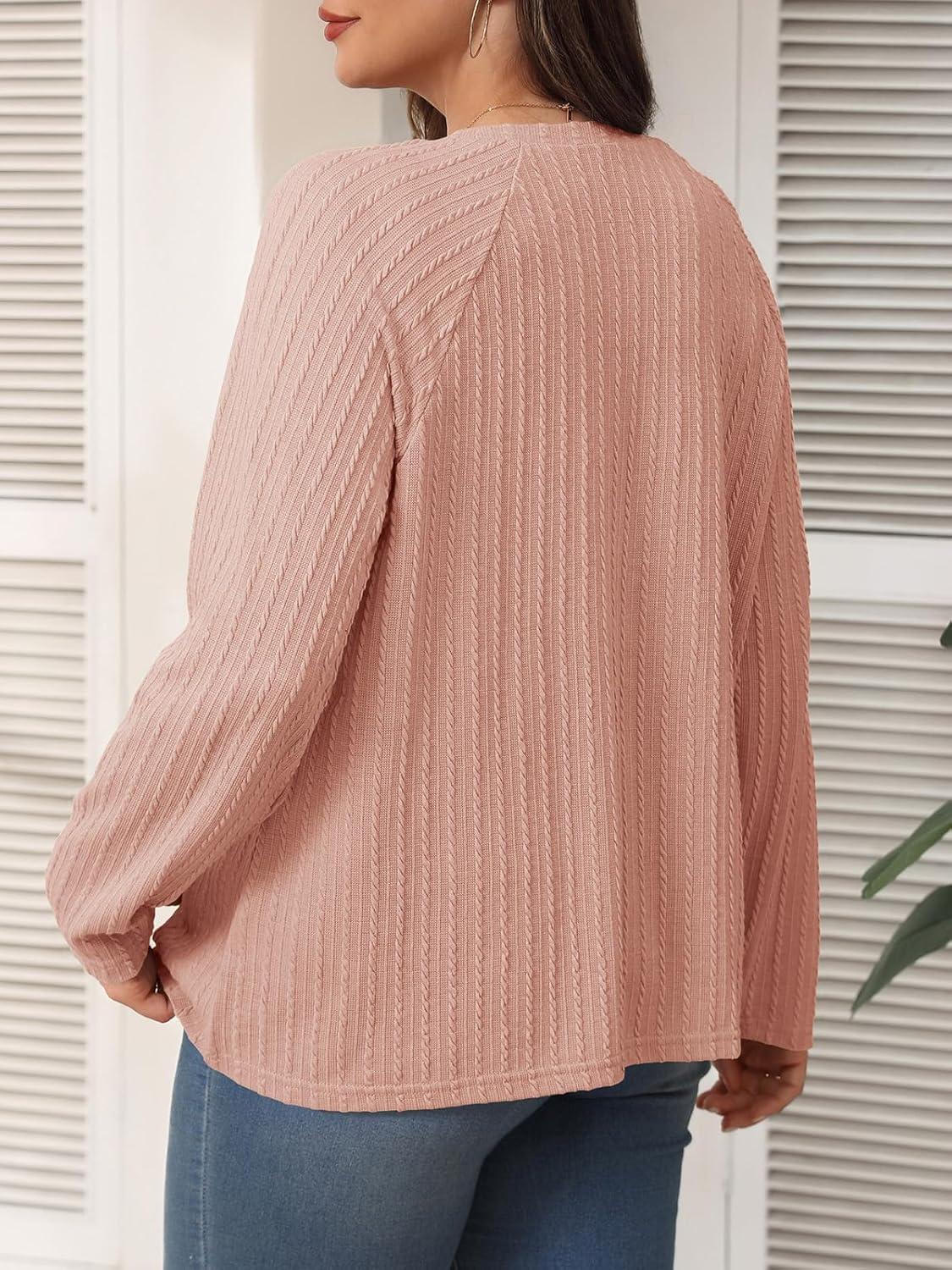 imageImily Bela Womens Plus Size Tops Casual Long Sleeve Textured Crewneck Shirts Fall Loose Tunic TopLight Pink