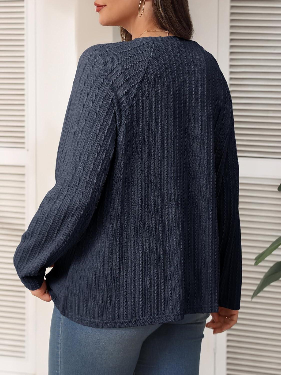imageImily Bela Womens Plus Size Tops Casual Long Sleeve Textured Crewneck Shirts Fall Loose Tunic TopNavy