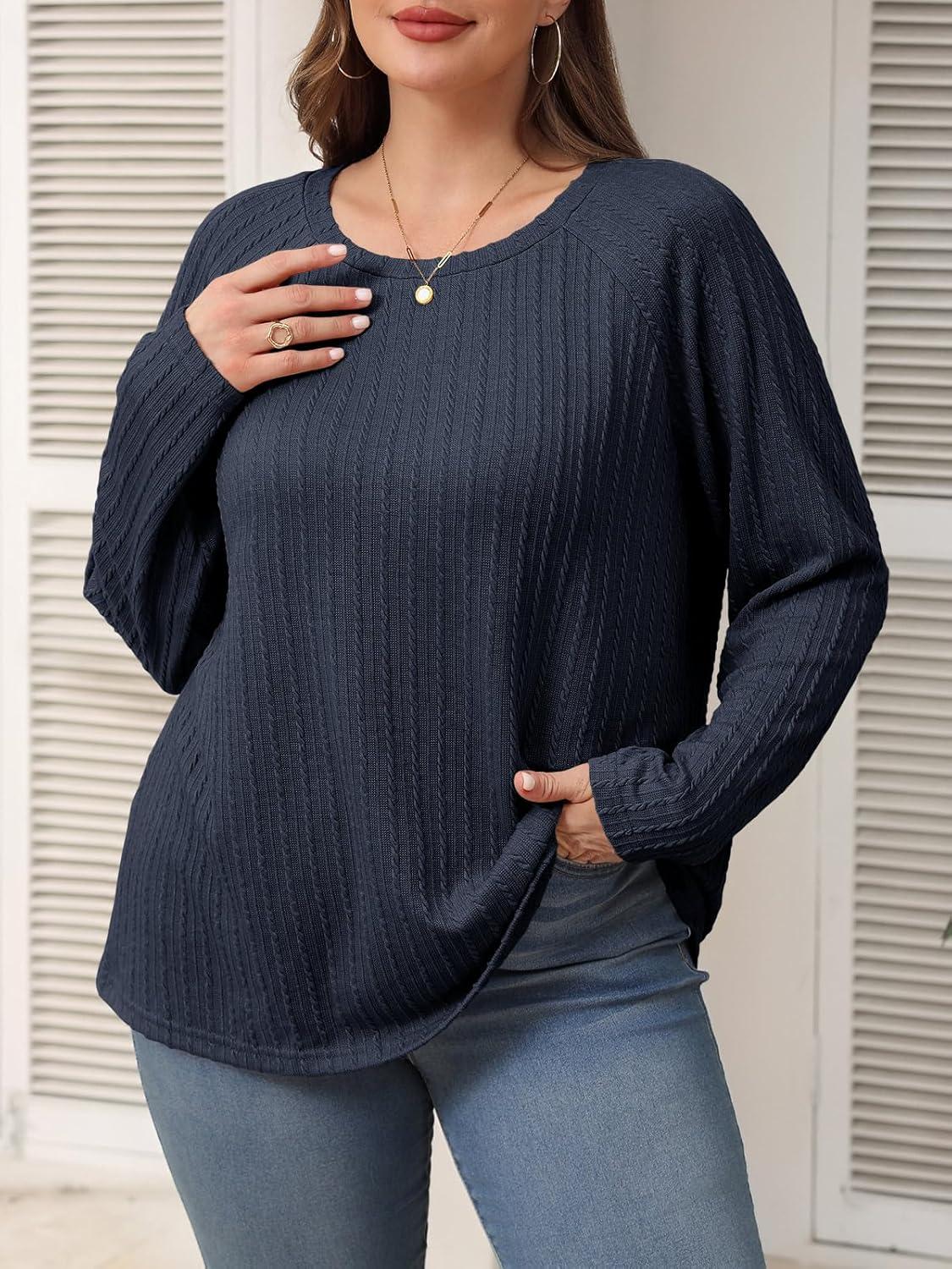 imageImily Bela Womens Plus Size Tops Casual Long Sleeve Textured Crewneck Shirts Fall Loose Tunic TopNavy