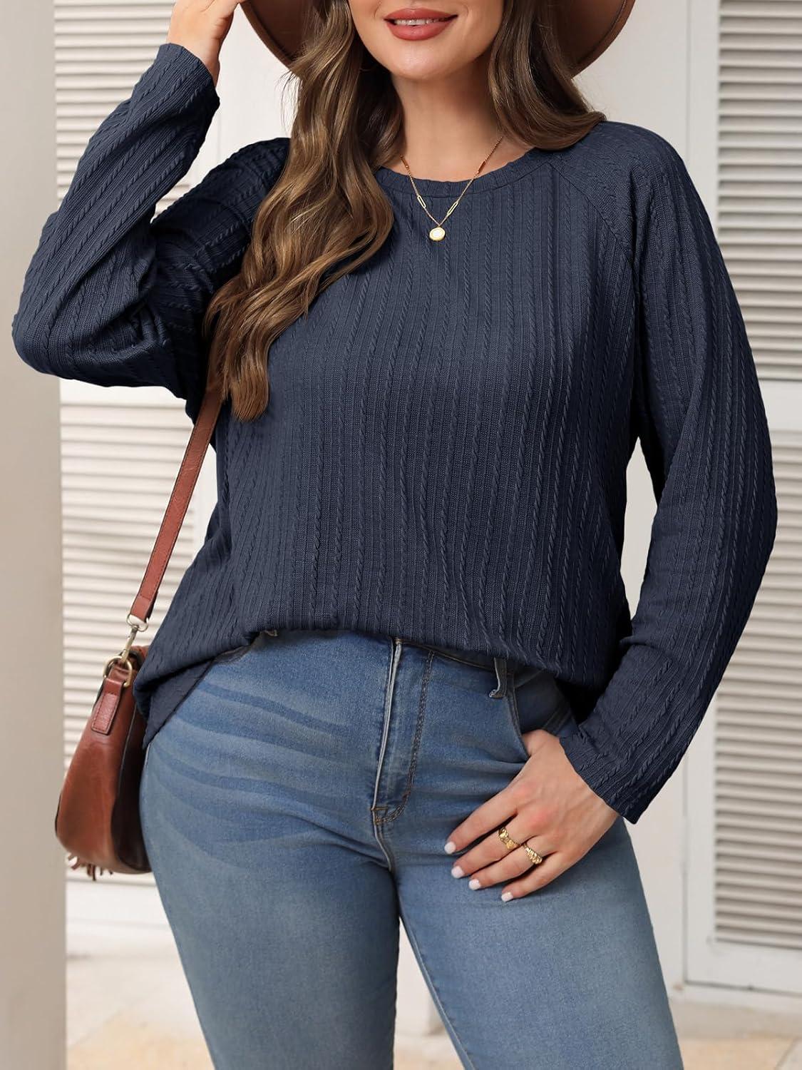 imageImily Bela Womens Plus Size Tops Casual Long Sleeve Textured Crewneck Shirts Fall Loose Tunic TopNavy