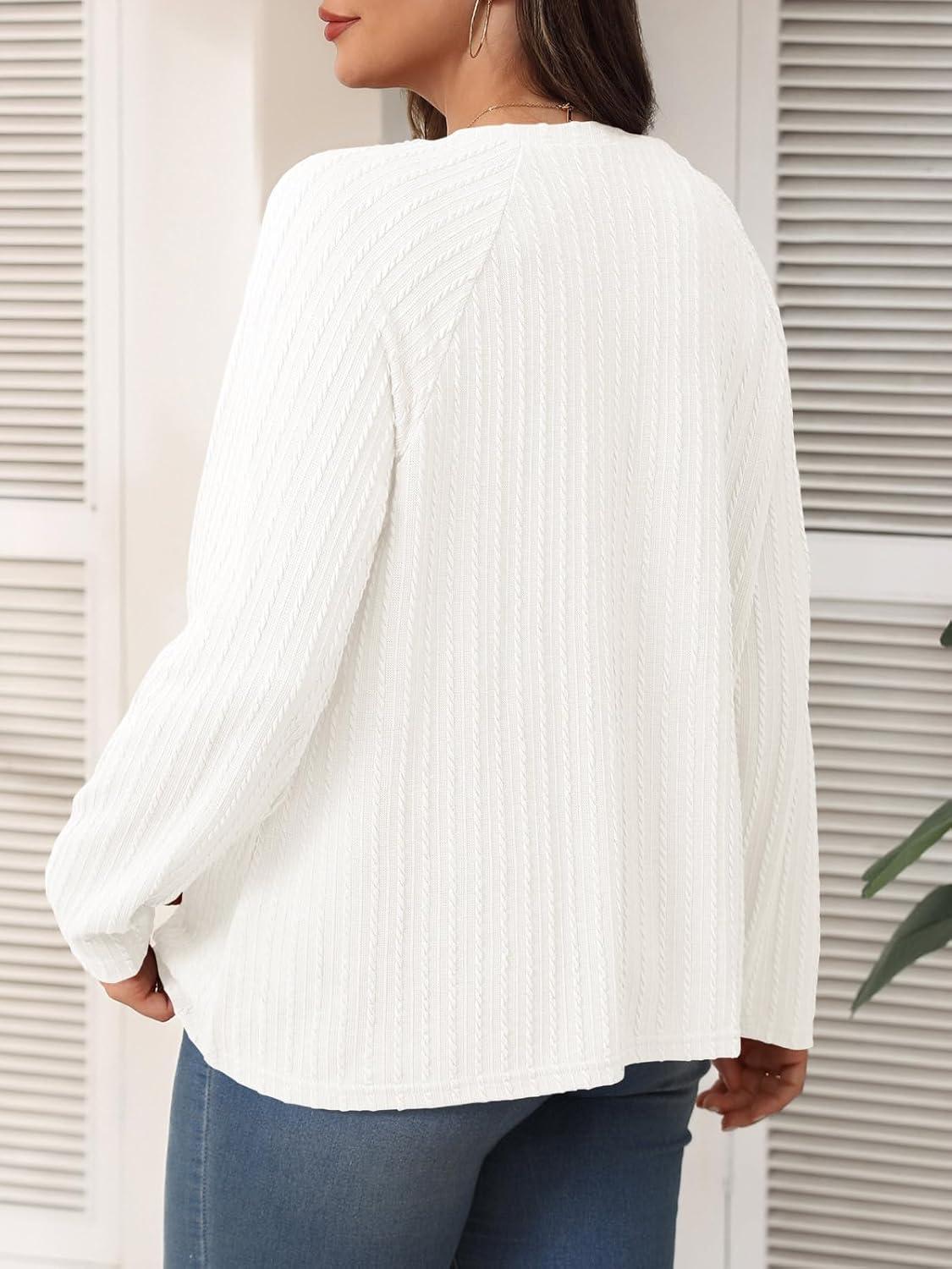 imageImily Bela Womens Plus Size Tops Casual Long Sleeve Textured Crewneck Shirts Fall Loose Tunic TopWhite