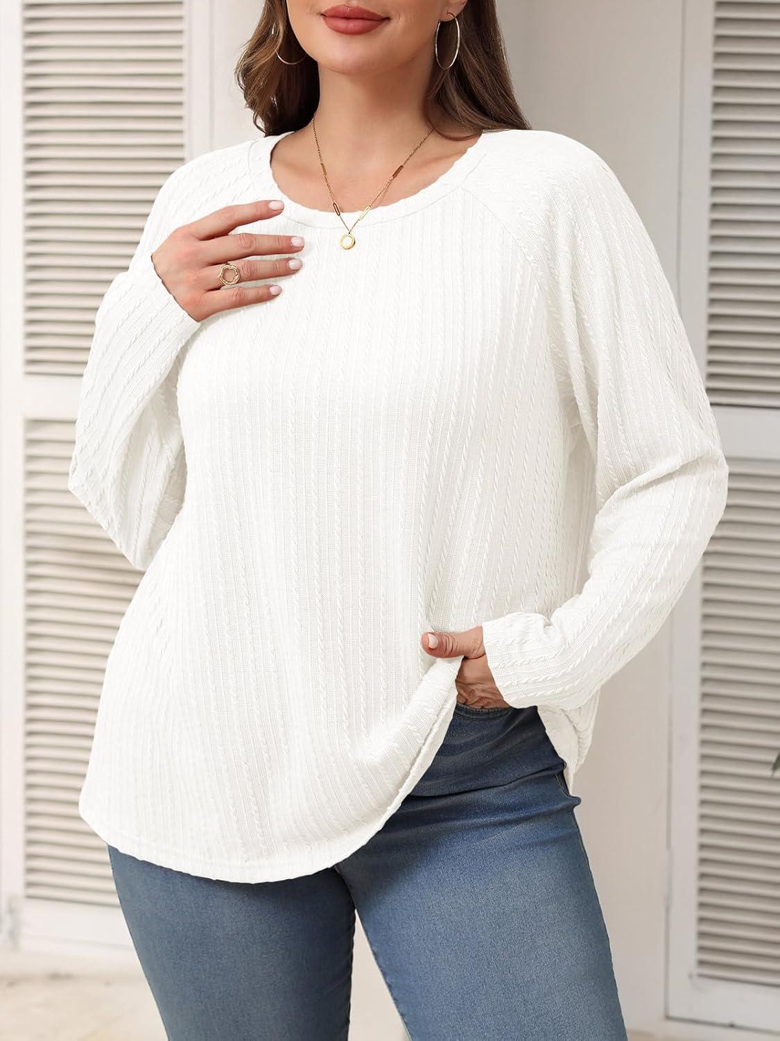 imageImily Bela Womens Plus Size Tops Casual Long Sleeve Textured Crewneck Shirts Fall Loose Tunic TopWhite