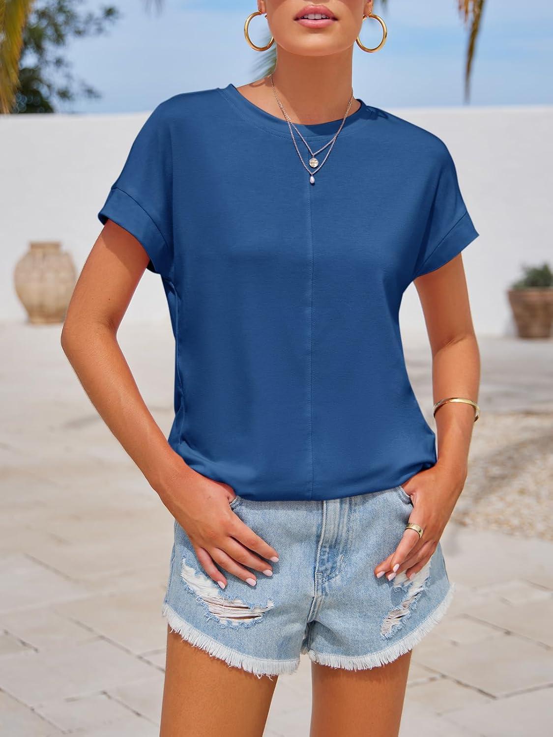 imageImily Bela Womens Short Sleeve T Shirts Summer Crew Neck Dressy Casual Tops Basic Trendy TeesBlue