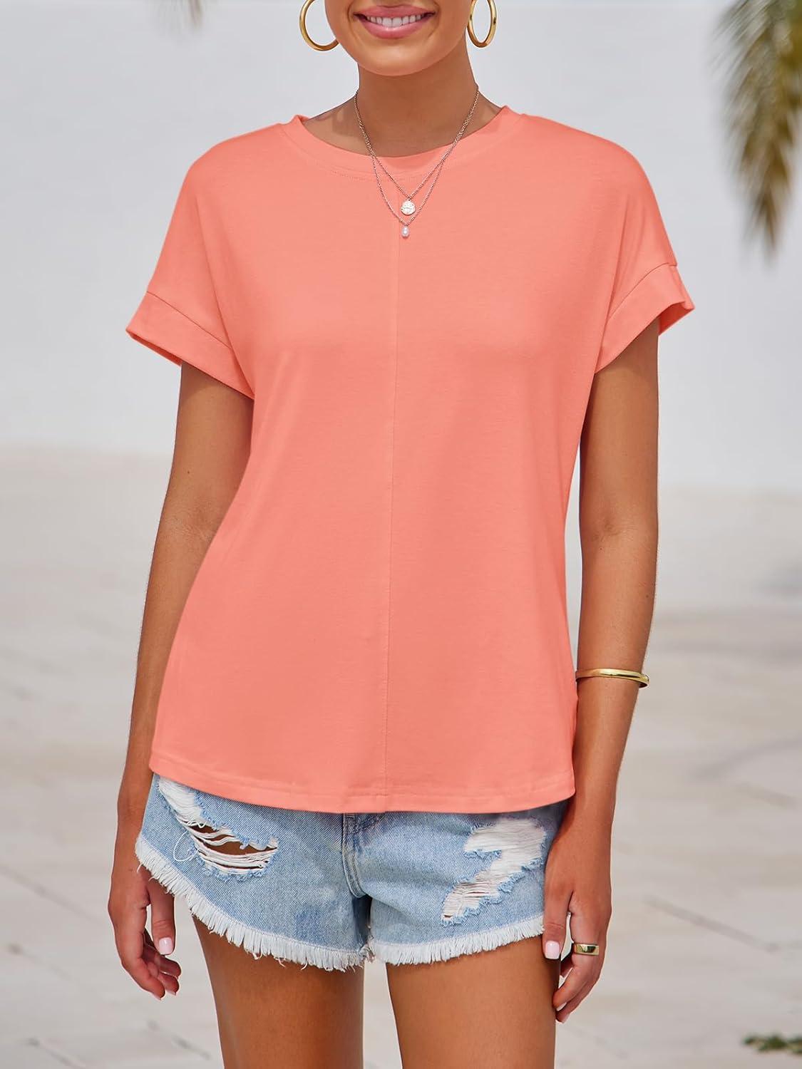 imageImily Bela Womens Short Sleeve T Shirts Summer Crew Neck Dressy Casual Tops Basic Trendy TeesCoral