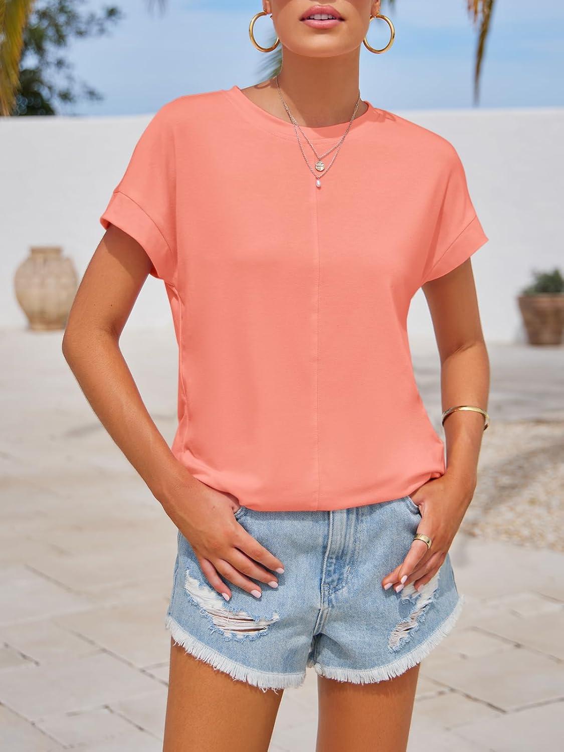 imageImily Bela Womens Short Sleeve T Shirts Summer Crew Neck Dressy Casual Tops Basic Trendy TeesCoral