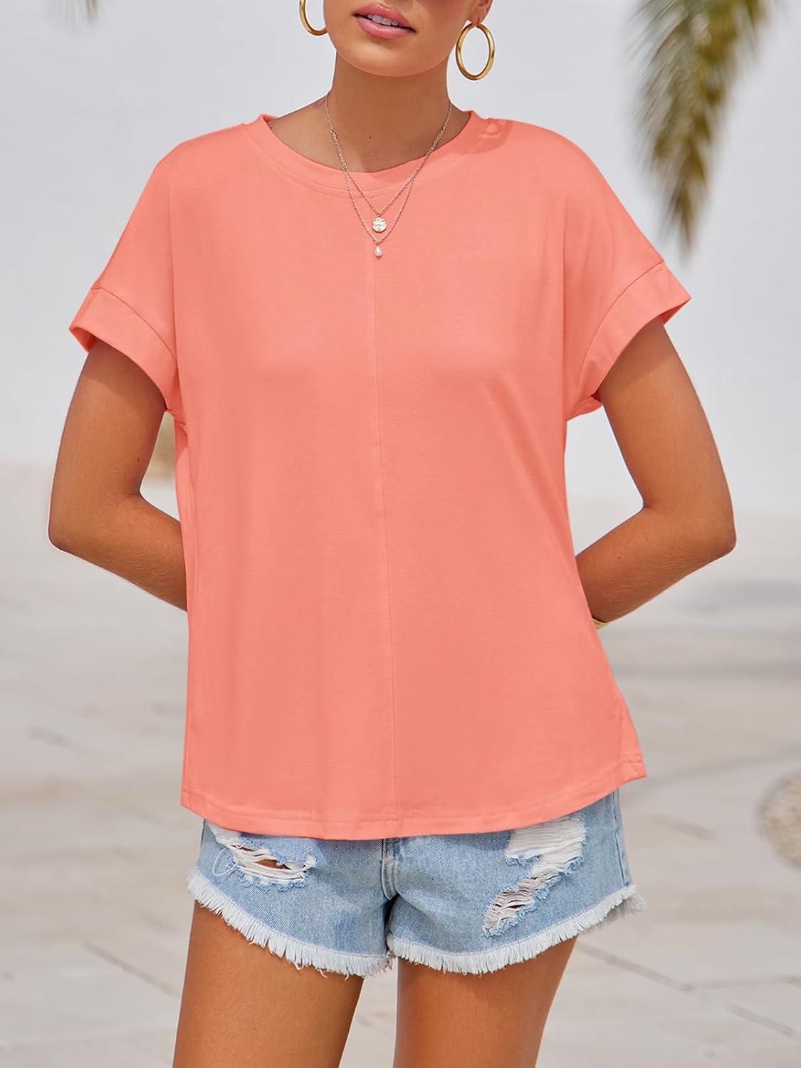 imageImily Bela Womens Short Sleeve T Shirts Summer Crew Neck Dressy Casual Tops Basic Trendy TeesCoral