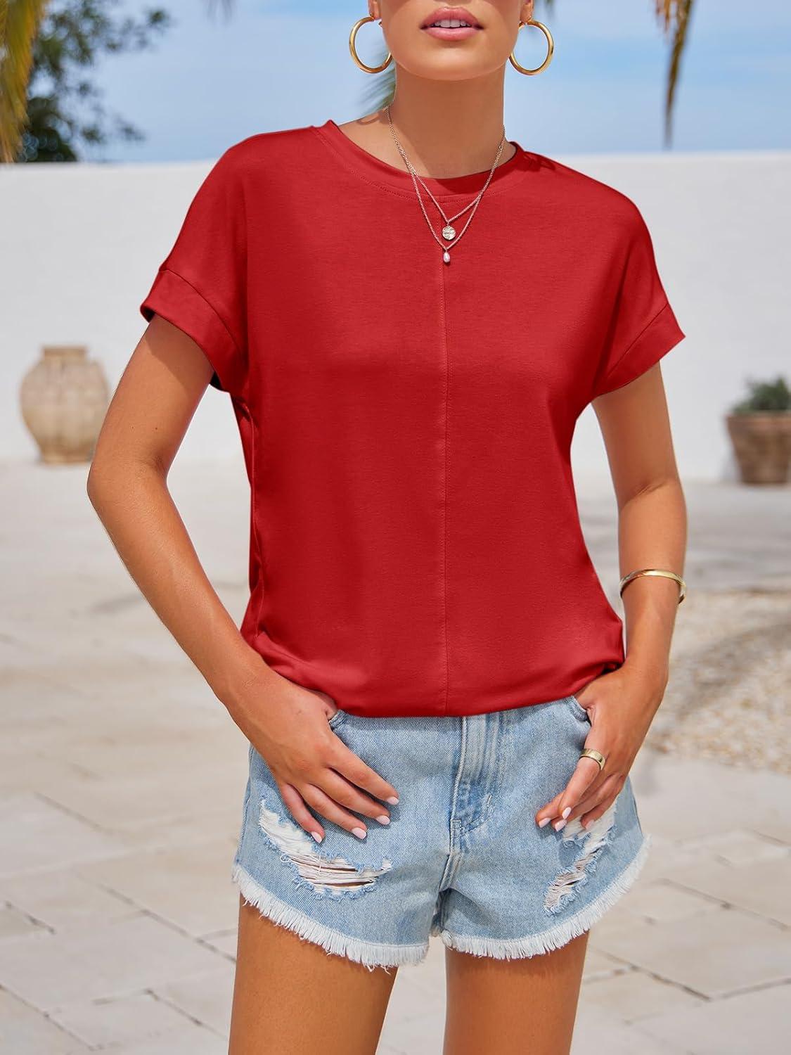 imageImily Bela Womens Short Sleeve T Shirts Summer Crew Neck Dressy Casual Tops Basic Trendy TeesRed
