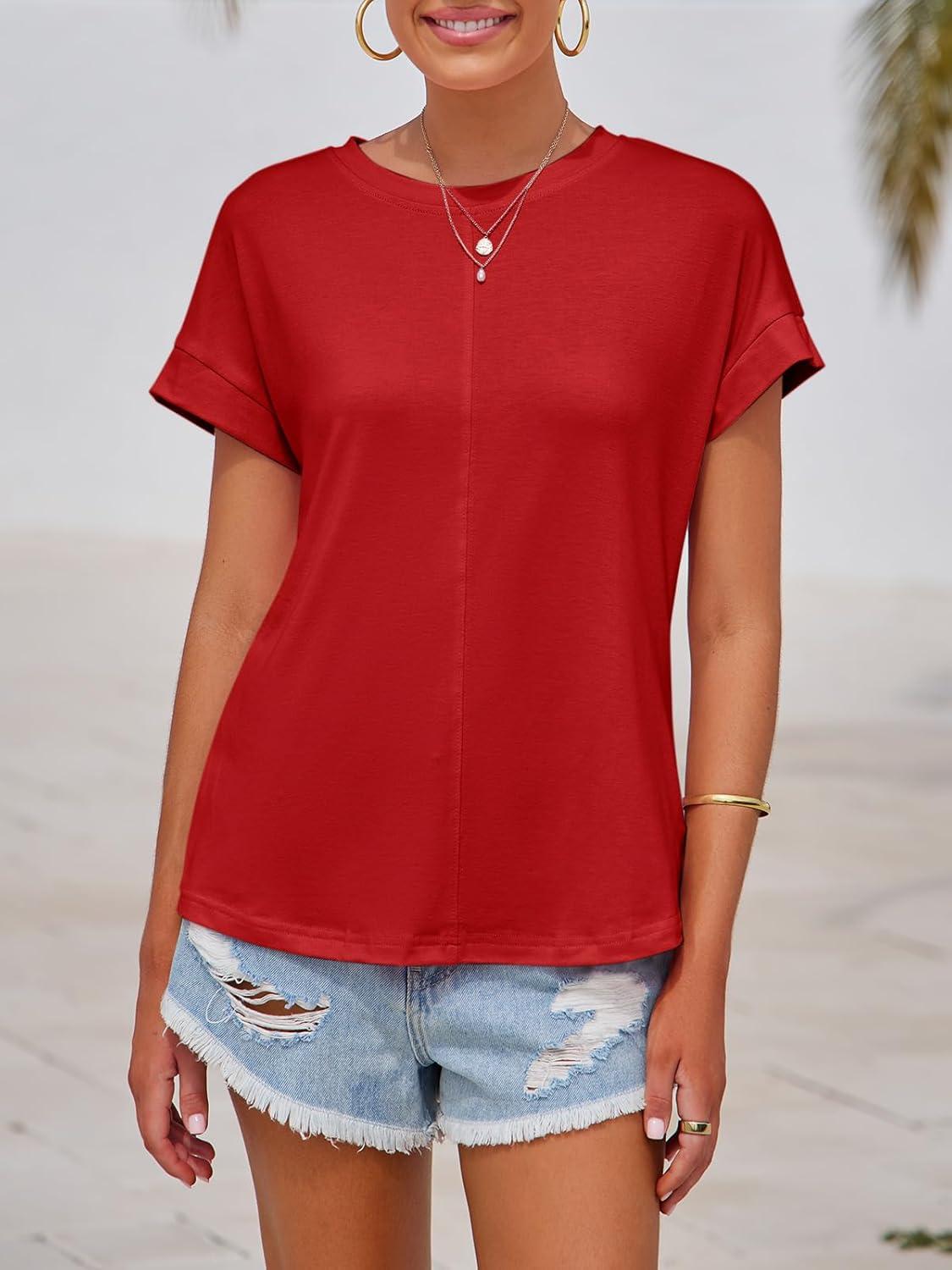 imageImily Bela Womens Short Sleeve T Shirts Summer Crew Neck Dressy Casual Tops Basic Trendy TeesRed