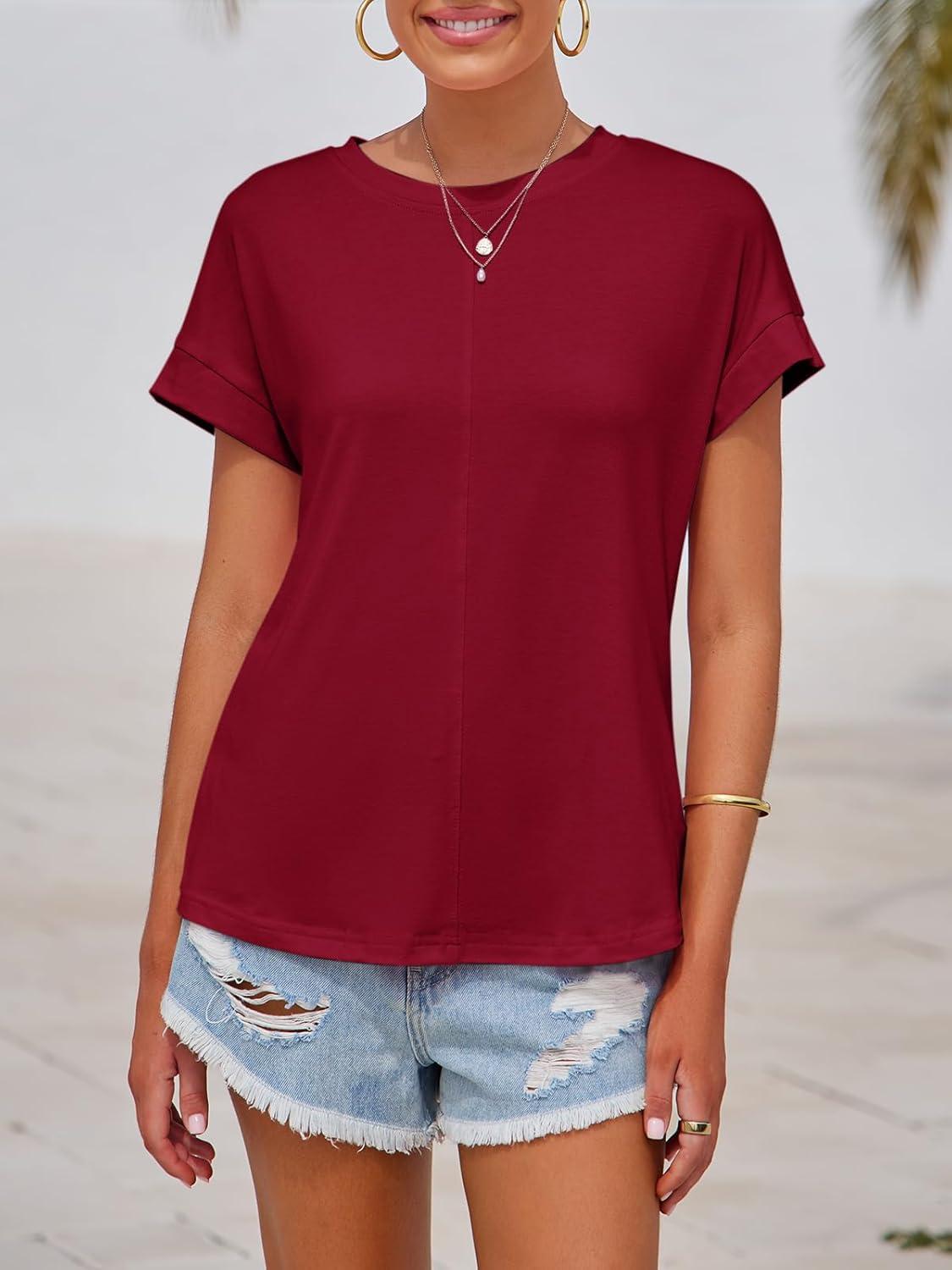 imageImily Bela Womens Short Sleeve T Shirts Summer Crew Neck Dressy Casual Tops Basic Trendy TeesWine Red
