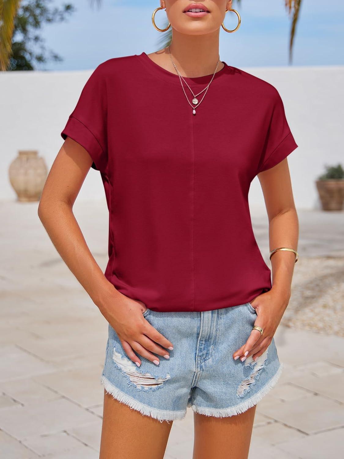 imageImily Bela Womens Short Sleeve T Shirts Summer Crew Neck Dressy Casual Tops Basic Trendy TeesWine Red