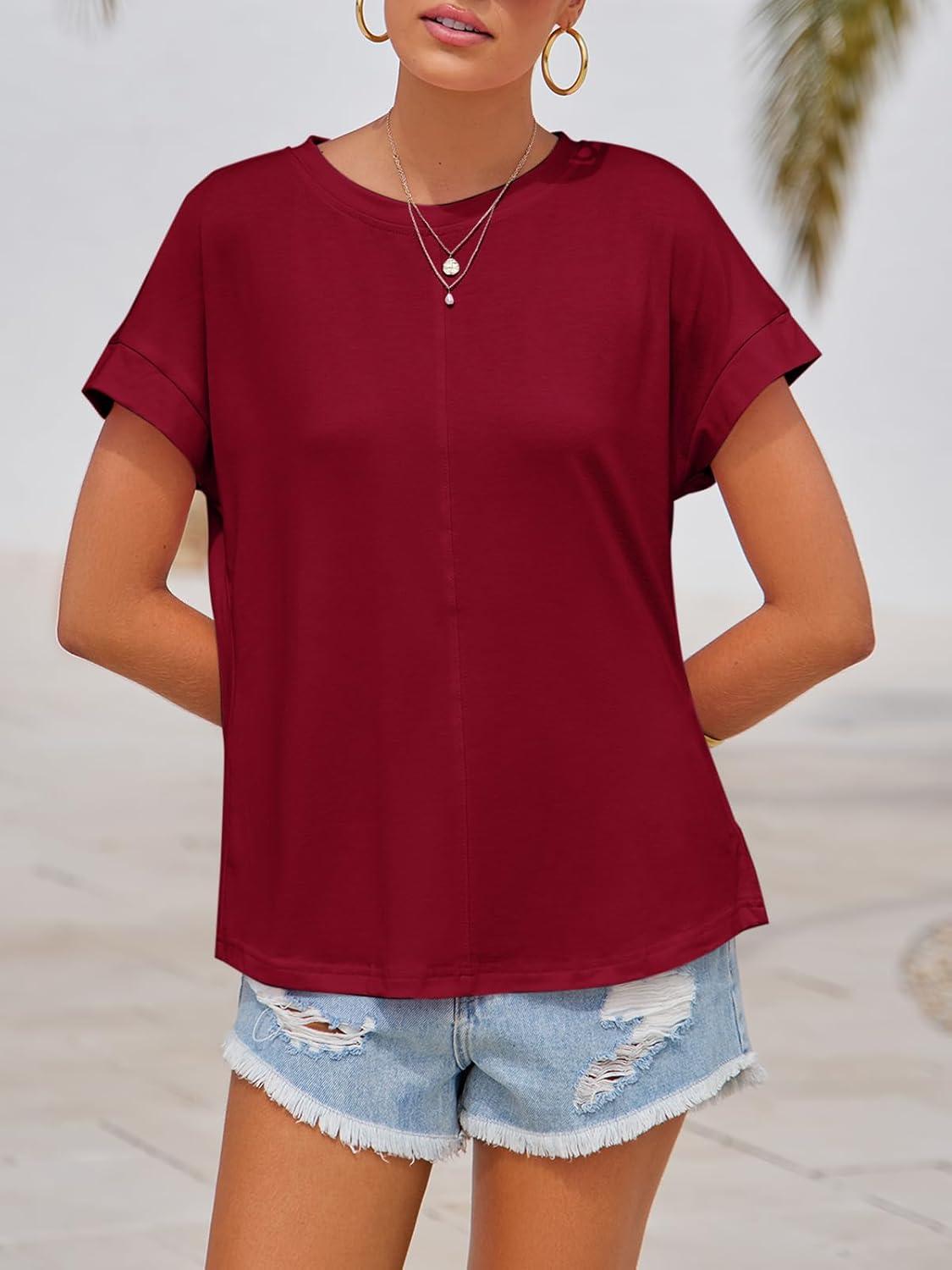 imageImily Bela Womens Short Sleeve T Shirts Summer Crew Neck Dressy Casual Tops Basic Trendy TeesWine Red