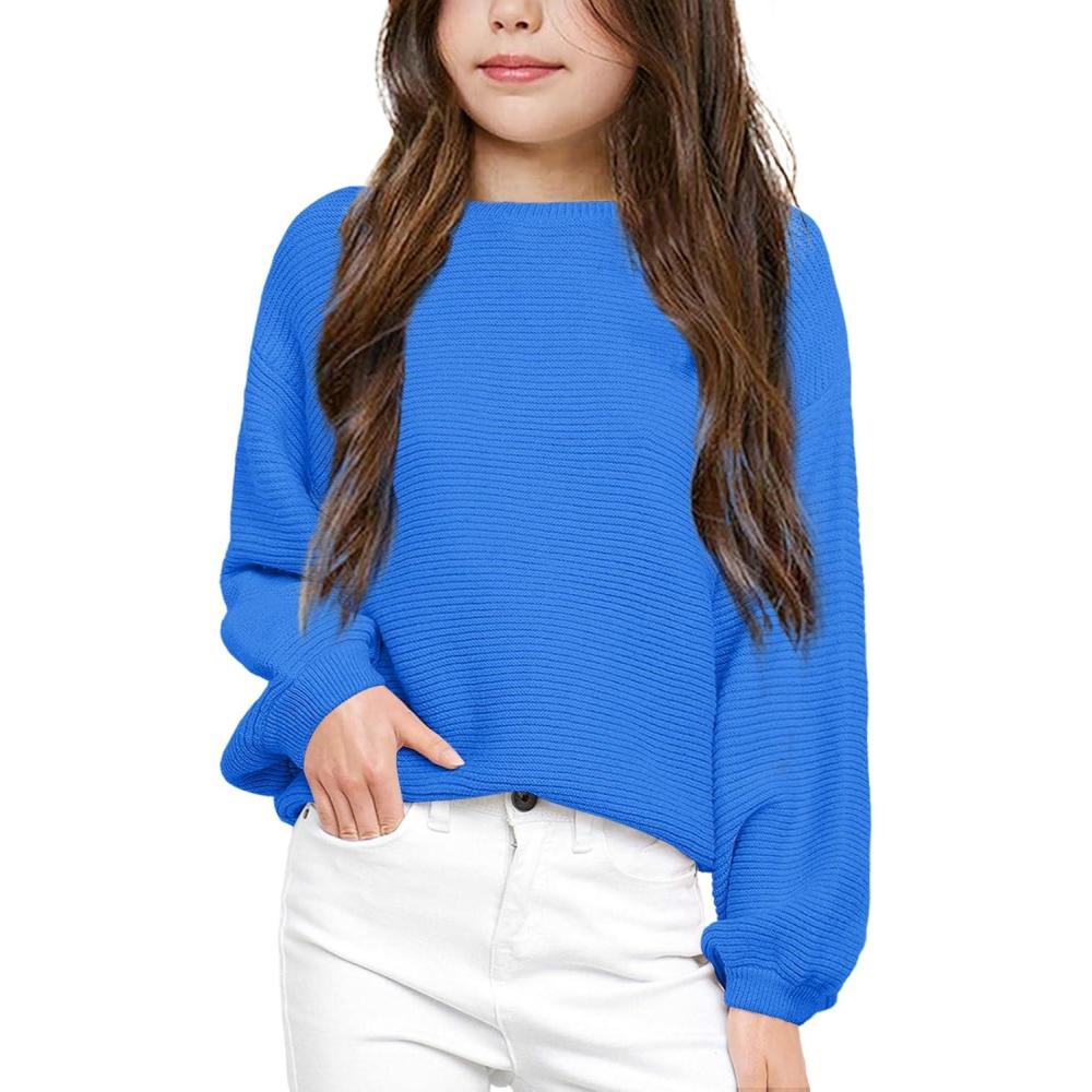 imageGirls Pullover Sweaters Kids Long Sleeve Drop Shoulder Sweaters Casual Boat Neck Knit Jumper TopsBright Blue