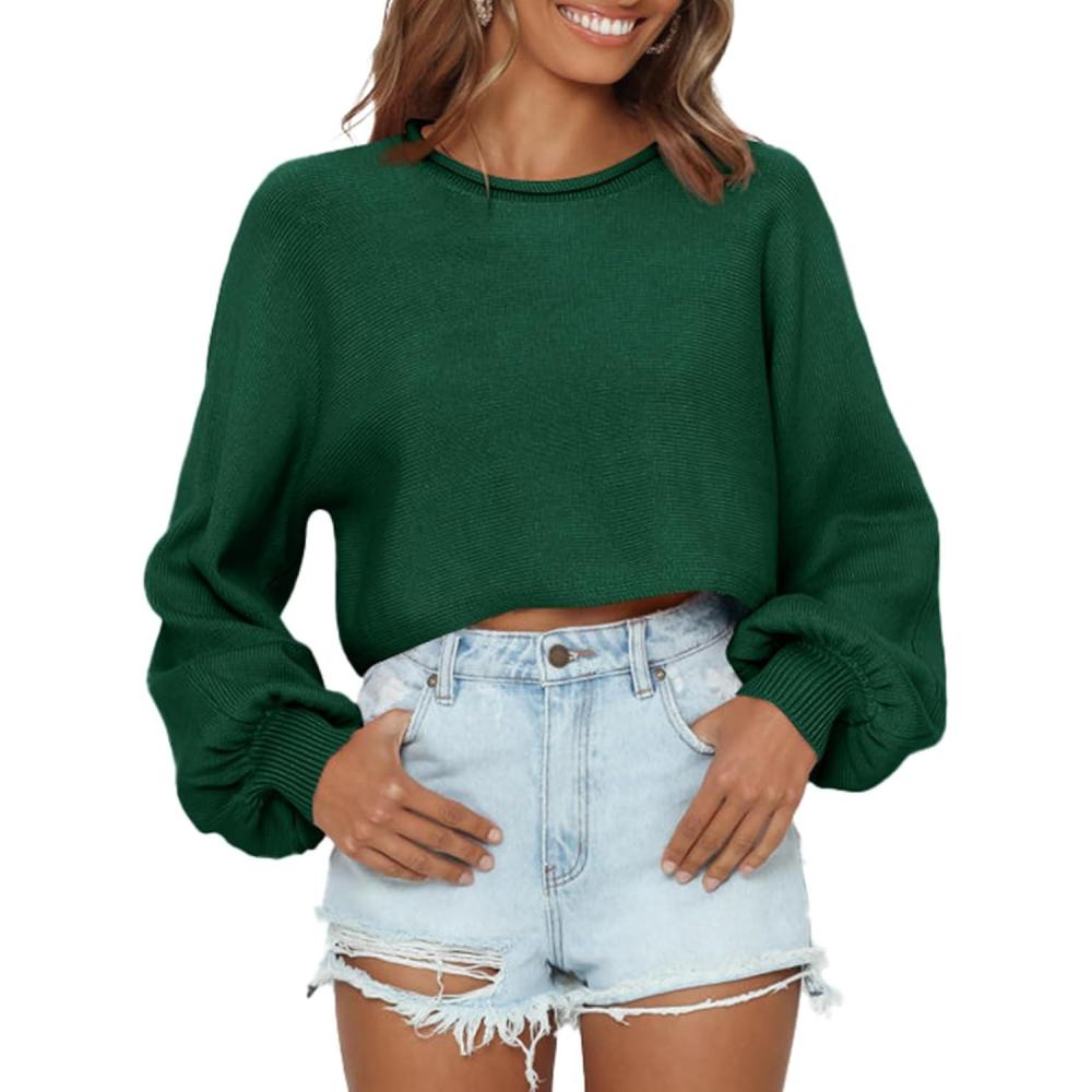 imageImily Bela Cropped Sweaters for Women Lantern Long Sleeve Crop Top Slouchy Trendy Loose Crewneck Pullover SweaterGreen