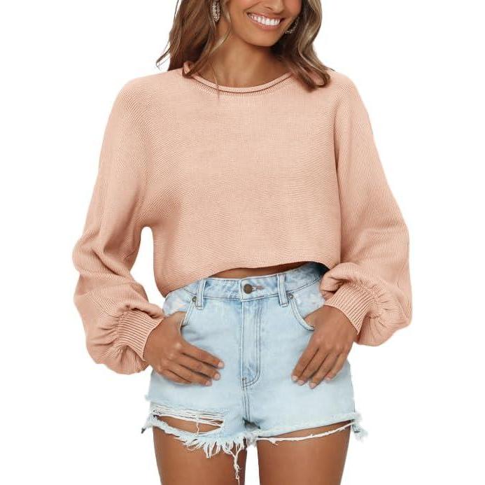 imageImily Bela Cropped Sweaters for Women Lantern Long Sleeve Crop Top Slouchy Trendy Loose Crewneck Pullover SweaterKhaki