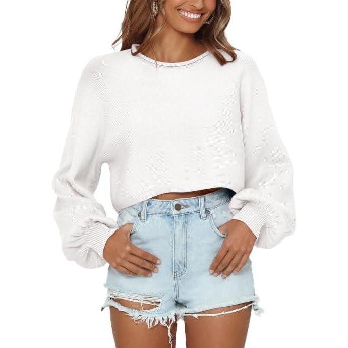 imageImily Bela Cropped Sweaters for Women Lantern Long Sleeve Crop Top Slouchy Trendy Loose Crewneck Pullover SweaterWhite