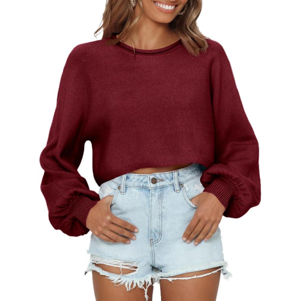 imageImily Bela Cropped Sweaters for Women Lantern Long Sleeve Crop Top Slouchy Trendy Loose Crewneck Pullover SweaterWine Red
