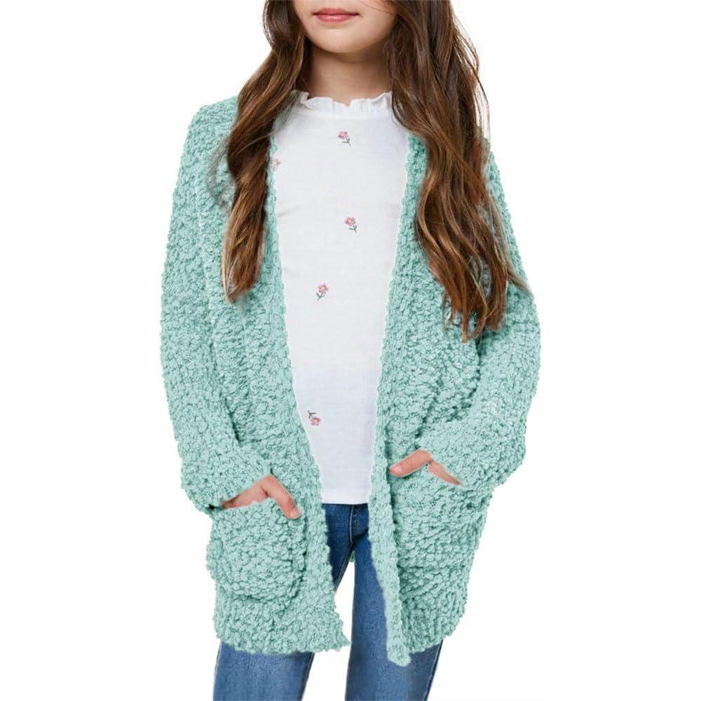 imageImily Bela Girls Cardigan Open Front Popcorn Knit Long Sleeve Sweaters Coat with PocketsLight Green