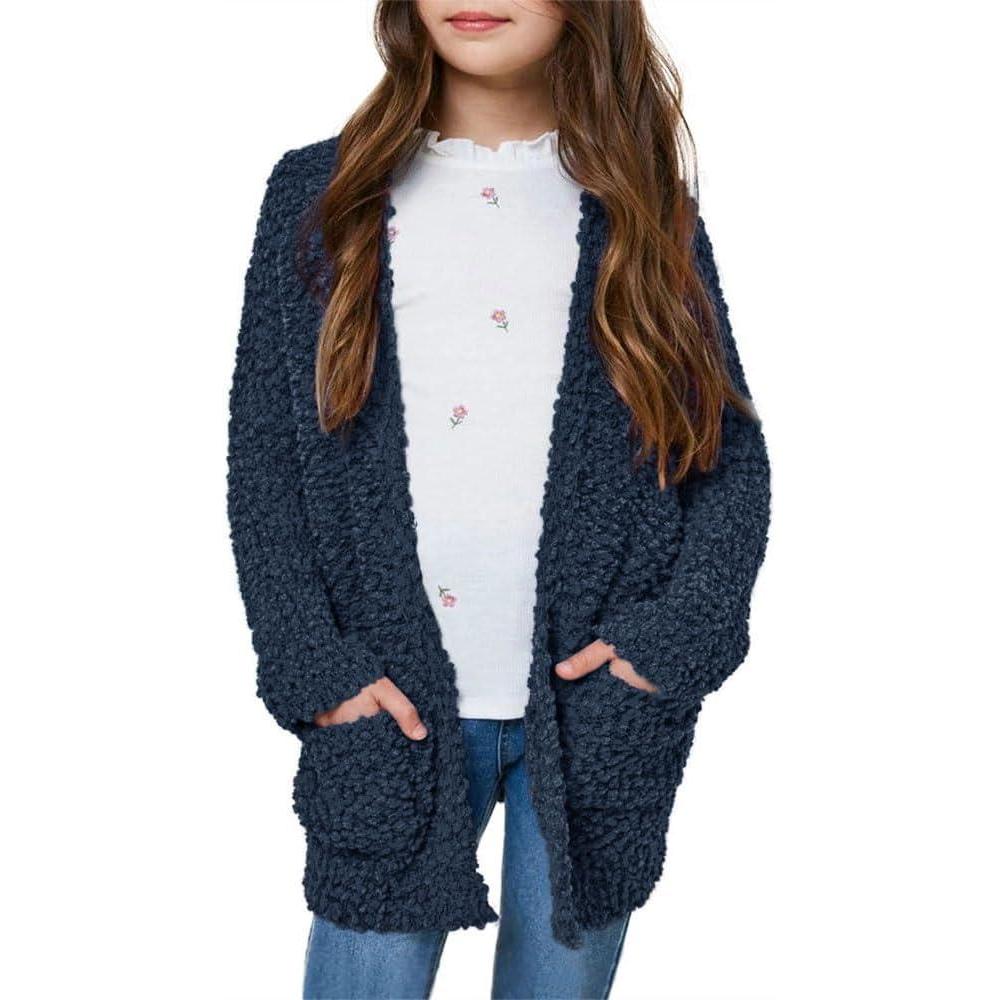 imageImily Bela Girls Cardigan Open Front Popcorn Knit Long Sleeve Sweaters Coat with PocketsNavy Blue