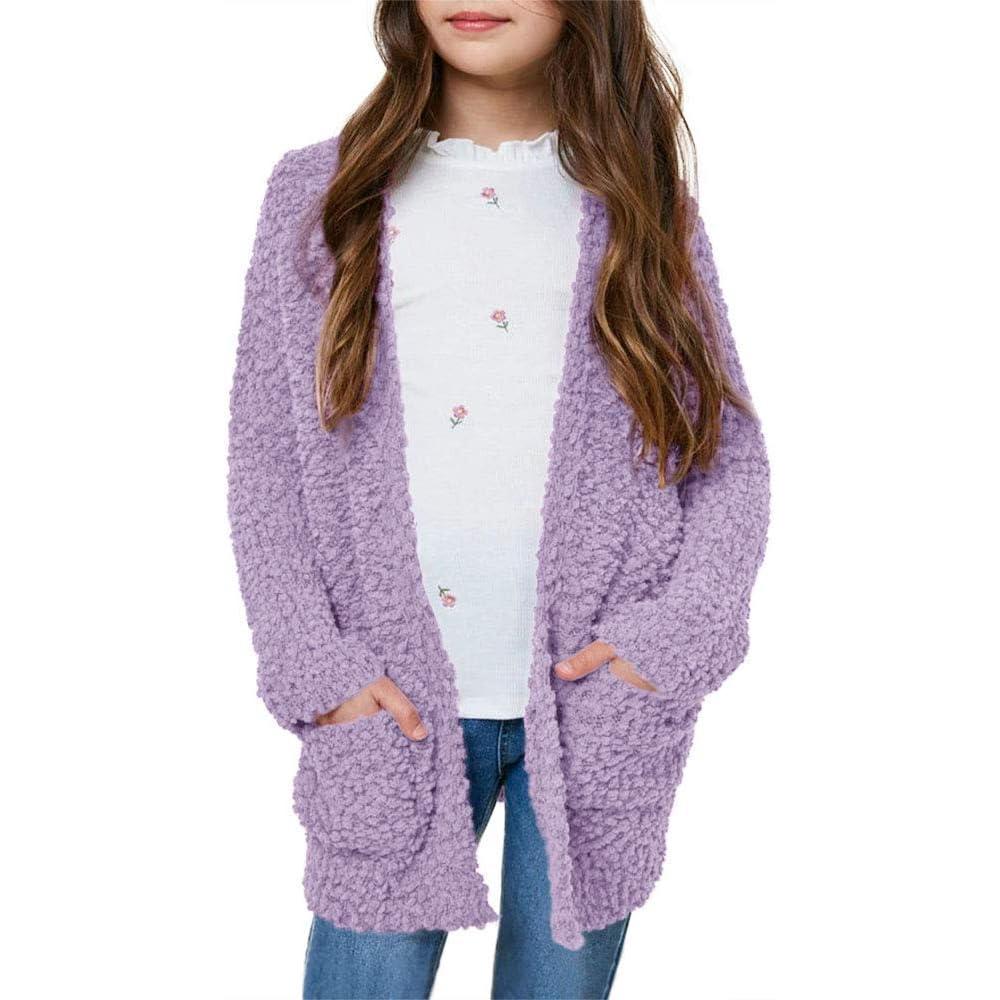 imageImily Bela Girls Cardigan Open Front Popcorn Knit Long Sleeve Sweaters Coat with PocketsPurple