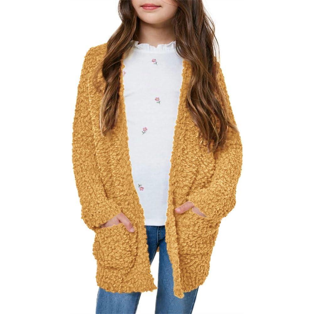 imageImily Bela Girls Cardigan Open Front Popcorn Knit Long Sleeve Sweaters Coat with PocketsYellow2