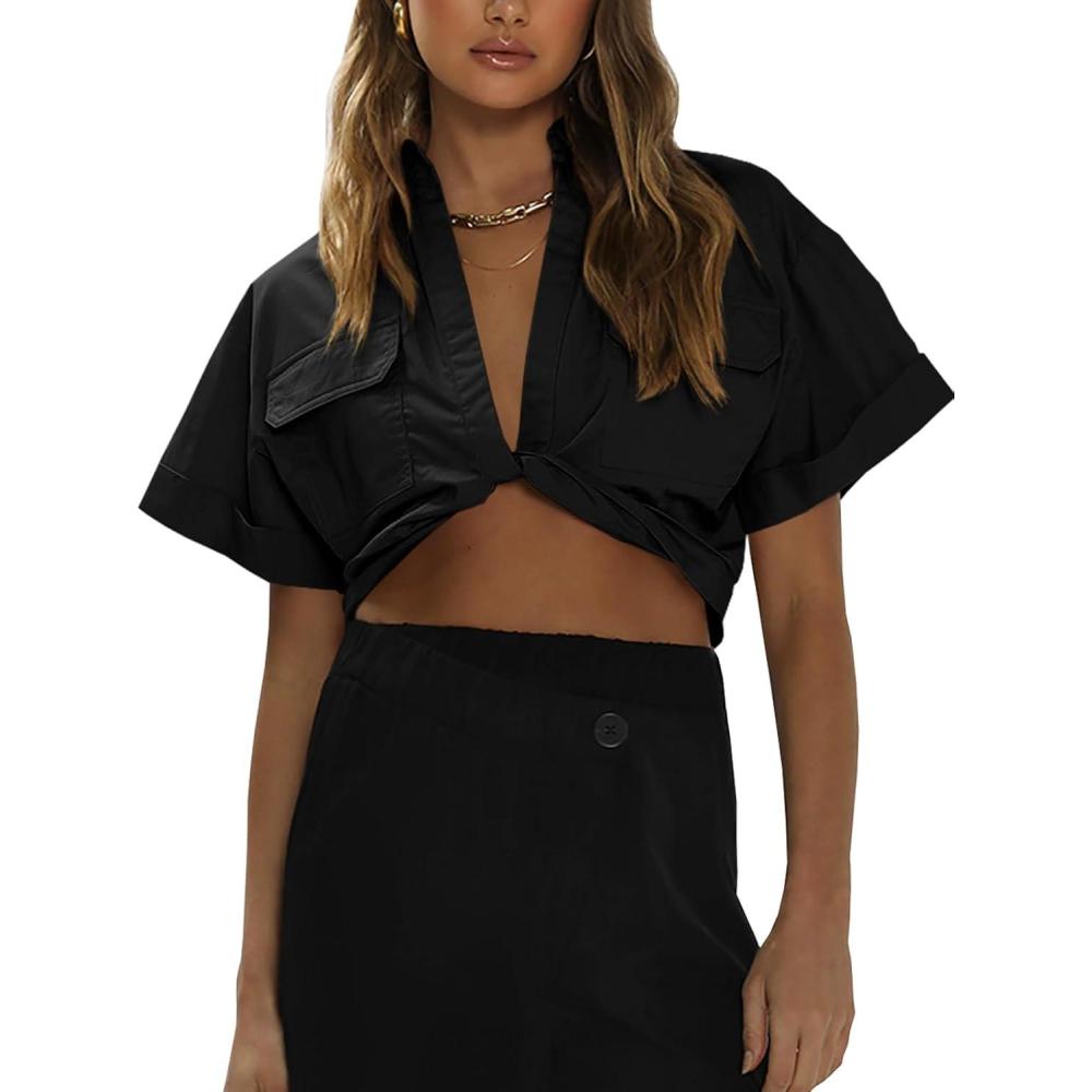 imageImily Bela Womens Cropped Shirts Summer V Neck Twist Front Tops Blouses with PocketsBlack