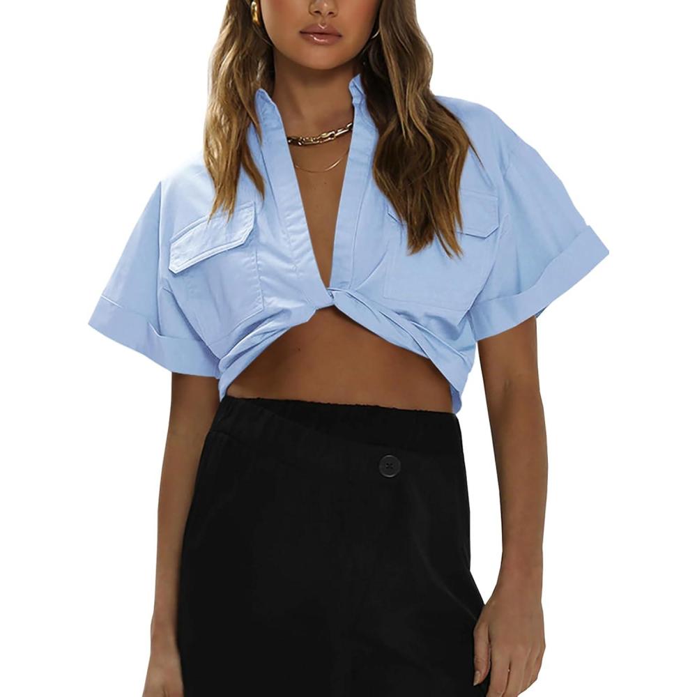 imageImily Bela Womens Cropped Shirts Summer V Neck Twist Front Tops Blouses with PocketsBlue