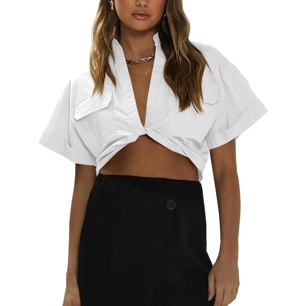imageImily Bela Womens Cropped Shirts Summer V Neck Twist Front Tops Blouses with PocketsWhite