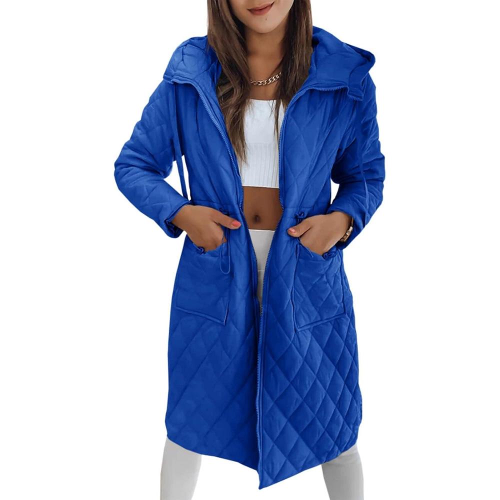 imageImily Bela Womens Long Quilted Jackets Zip Up Hooded Drawstring Waist Coats with PocketsBlue