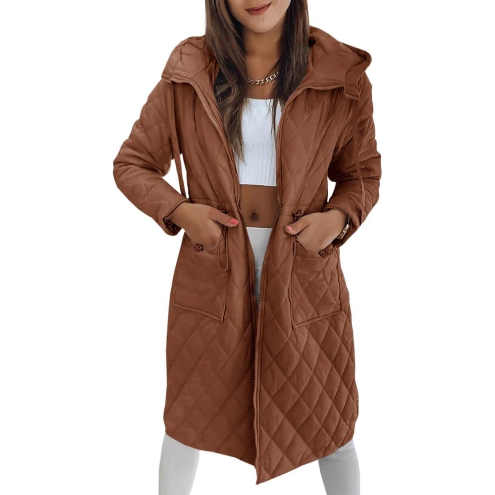 imageImily Bela Womens Long Quilted Jackets Zip Up Hooded Drawstring Waist Coats with PocketsBrown