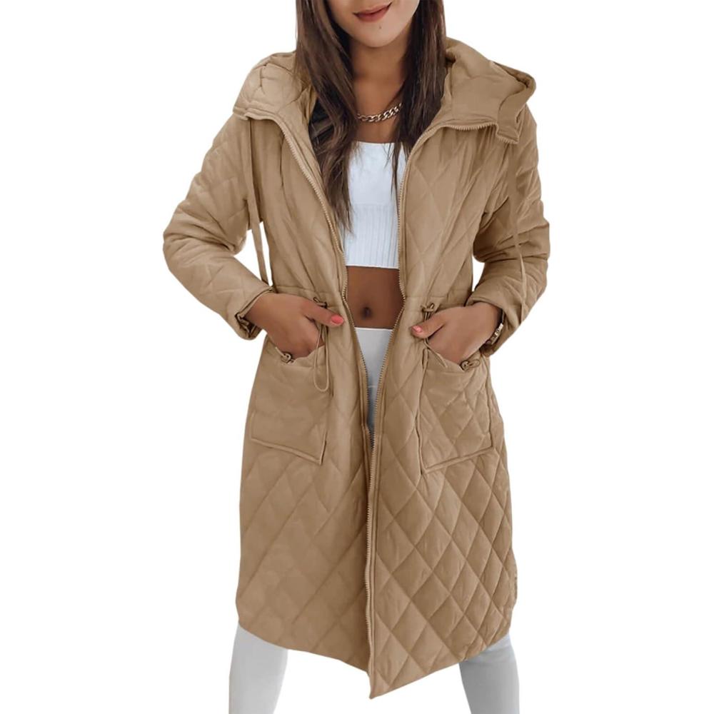 imageImily Bela Womens Long Quilted Jackets Zip Up Hooded Drawstring Waist Coats with PocketsDark Khaki