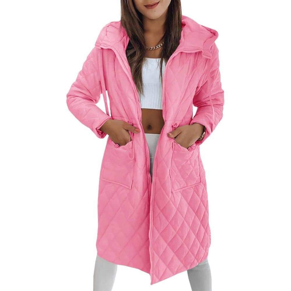 imageImily Bela Womens Long Quilted Jackets Zip Up Hooded Drawstring Waist Coats with PocketsPink