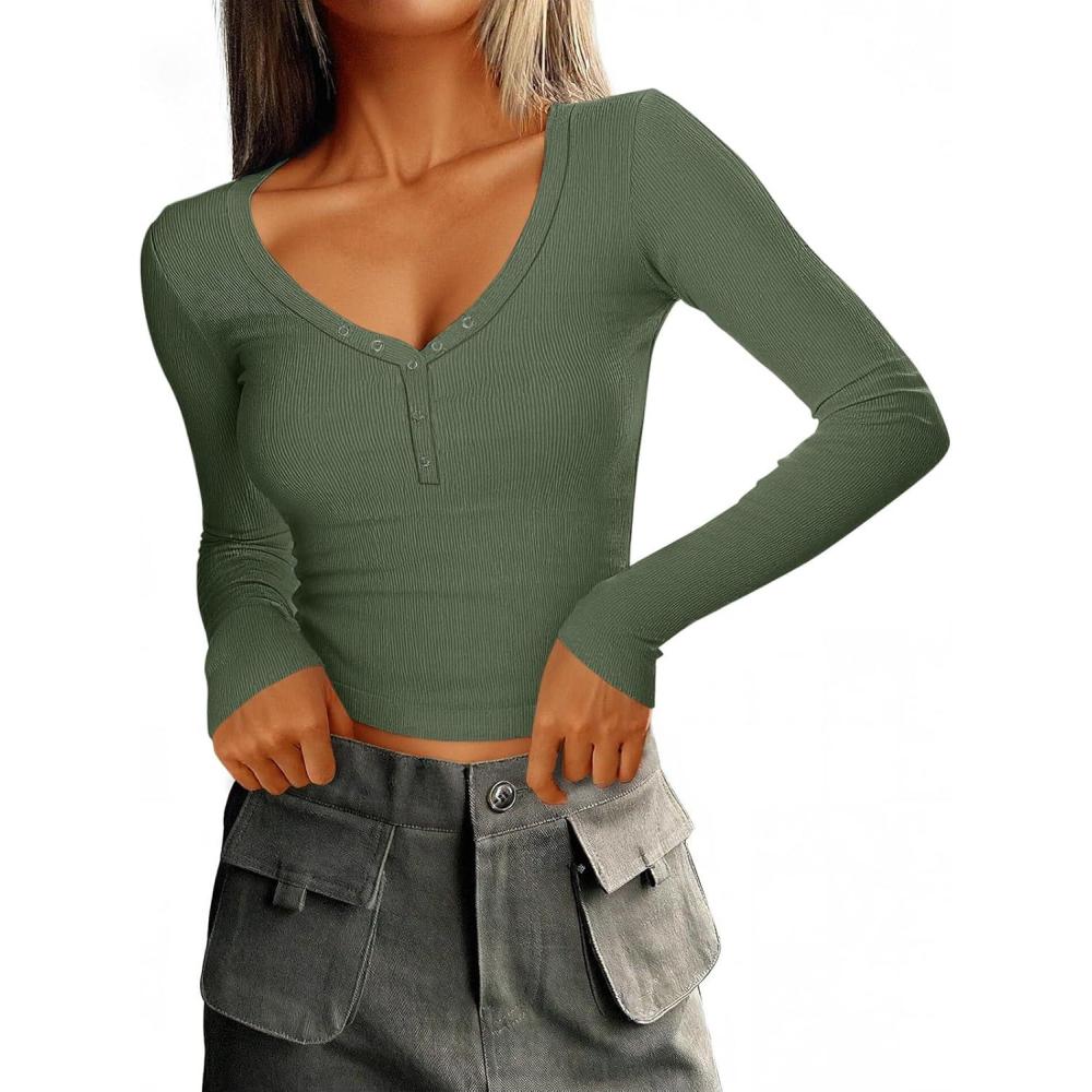 imageImily Bela Womens Long Sleeve Shirts V Neck Slim Fitted Henley Tops 2025 Ribbed Knit Casual Trendy Going Out Crop TopsArmy Green