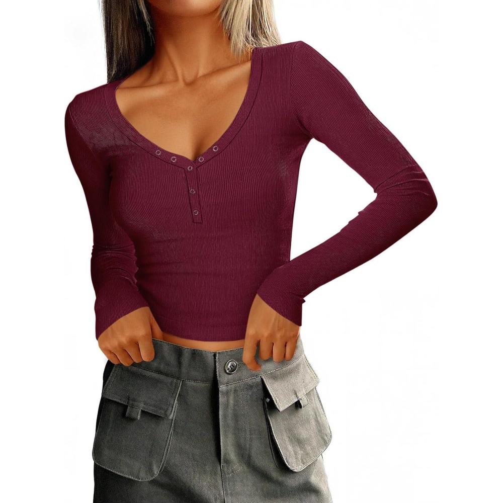 imageImily Bela Womens Long Sleeve Shirts V Neck Slim Fitted Henley Tops 2025 Ribbed Knit Casual Trendy Going Out Crop TopsBurgundy