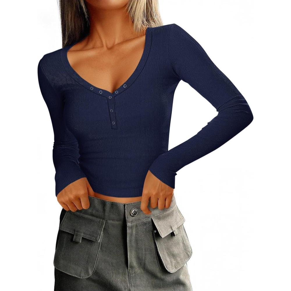 imageImily Bela Womens Long Sleeve Shirts V Neck Slim Fitted Henley Tops 2025 Ribbed Knit Casual Trendy Going Out Crop TopsNavy Blue