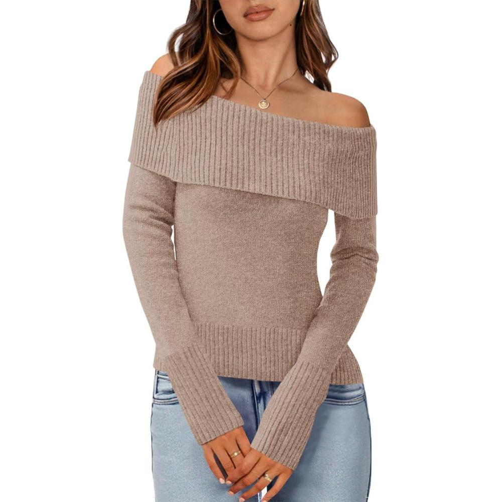 imageImily Bela Womens Off The Shoulder Sweaters Casual Long Sleeve Ribbed Knit Slim Fit Y2K Going Out Pullover TopsKhaki