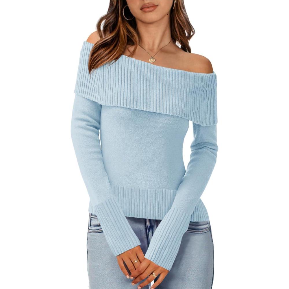 imageImily Bela Womens Off The Shoulder Sweaters Casual Long Sleeve Ribbed Knit Slim Fit Y2K Going Out Pullover TopsLight Blue