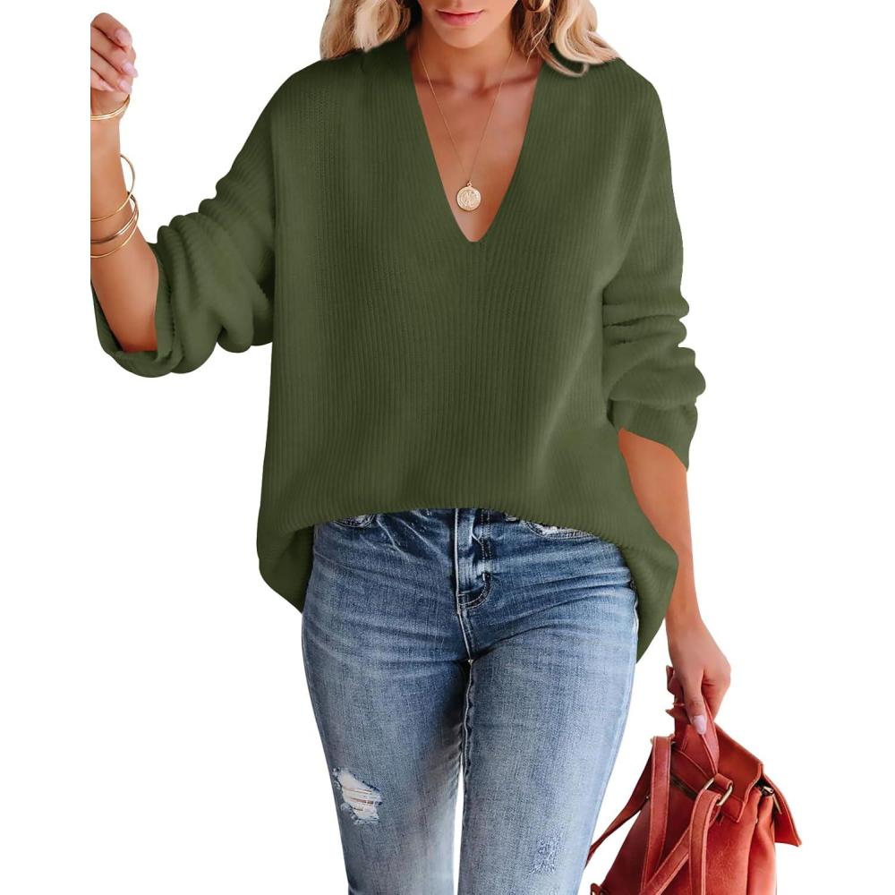 imageImily Bela Womens Oversized Deep V Neck Sweaters Sexy Long Sleeve Tunic Sweater Knitted Dressy Pullover JumperArmy Green