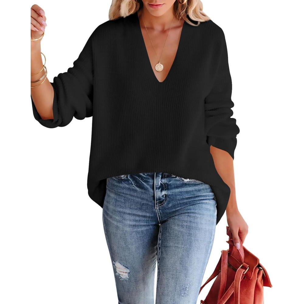 imageImily Bela Womens Oversized Deep V Neck Sweaters Sexy Long Sleeve Tunic Sweater Knitted Dressy Pullover JumperBlack