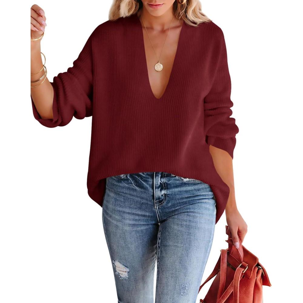 imageImily Bela Womens Oversized Deep V Neck Sweaters Sexy Long Sleeve Tunic Sweater Knitted Dressy Pullover JumperBurgundy