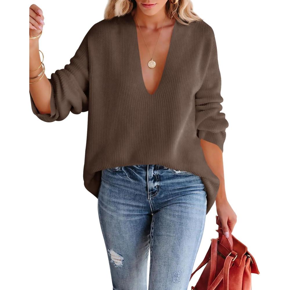 imageImily Bela Womens Oversized Deep V Neck Sweaters Sexy Long Sleeve Tunic Sweater Knitted Dressy Pullover JumperCoffee