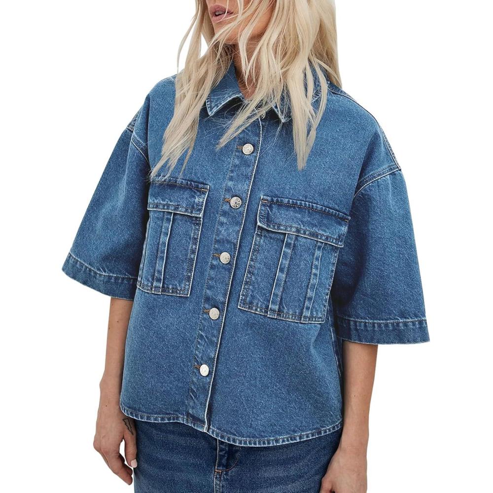 imageImily Bela Womens Oversized Short Sleeve Denim Jackets Trendy Cropped Jean Tops Shackets