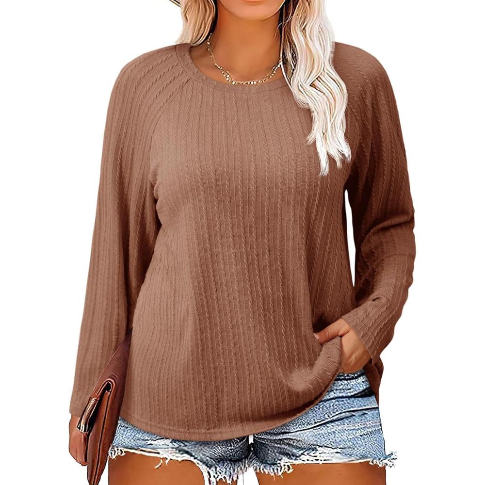 imageImily Bela Womens Plus Size Tops Casual Long Sleeve Textured Crewneck Shirts Fall Loose Tunic TopBrown