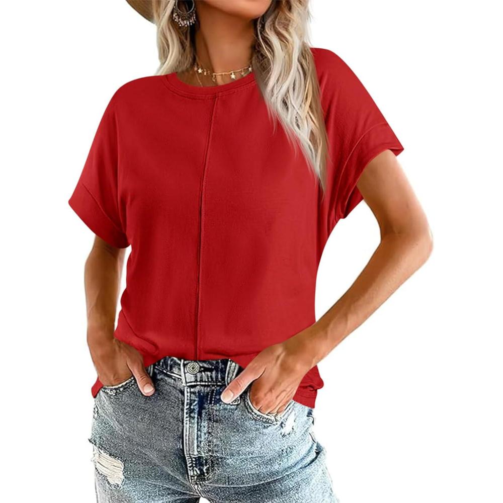 imageImily Bela Womens Short Sleeve T Shirts Summer Crew Neck Dressy Casual Tops Basic Trendy TeesRed