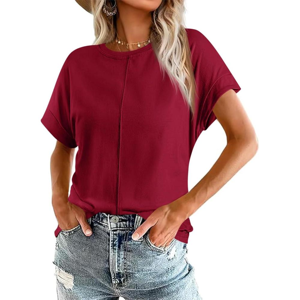imageImily Bela Womens Short Sleeve T Shirts Summer Crew Neck Dressy Casual Tops Basic Trendy TeesWine Red