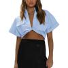 imageImily Bela Womens Cropped Shirts Summer V Neck Twist Front Tops Blouses with PocketsBlue